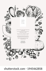 Hand drawn vegetables and fruits. Vector pupkin, pear,apple, artichoke, plum, grape, tomato, onion, cheery, gooseberry blackberry Engraved illustration Menu template flyer restaurant design