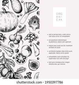 Hand drawn vegetables and fruits. Vector pupkin, pear,apple, artichoke, plum, grape, tomato, onion, cheery, gooseberry blackberry Engraved illustration Menu flyer package design