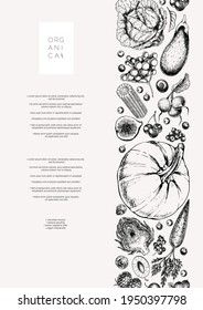 Hortalizas y frutas extraídas a mano. Calabaza vectora, pera, manzana, alcachofa, ciruela, uva, tomate, cebolla, queso, arándano de gooseberry. Ilustración grabada Menú plantilla diseño restaurante flyer