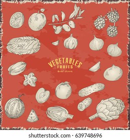 Hand drawn vegetables and fruits. Vector fresh collection of natural food. Sketch illustration
