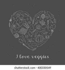 Hand drawn vegetables in heart shape. Butternut squash, brussels sprouts, fennel, collard, artichoke, cauliflower, beet, tomato, cucumber, pumpkin, broccoli, pepper, maca, potato, spinach, carrot.