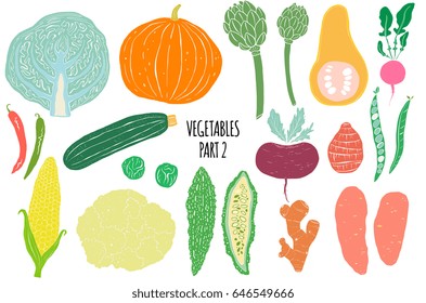 Hand drawn vegetables  isolated on white background in unique trendy organic style. Vector illustration for menu design, packaging, cooking book. 