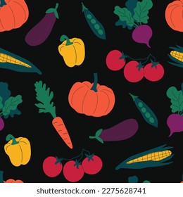 Hand drawn vegetables on a dark background. Seamless vegetable vector illustration. Flat corn, pumpkin, beets, peas, carrots. Natural print for online store, food delivery, cooking courses.