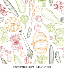 Hand drawn vegetables on white background.  Vector seamless pattern