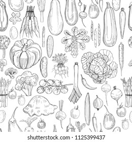 Hand drawn vegetables on white background.  Vector seamless pattern