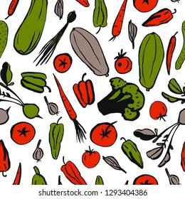 Hand drawn vegetables on white background.  Vector seamless pattern