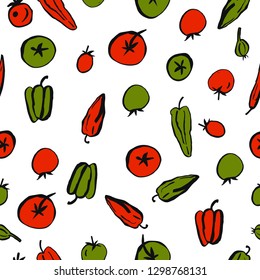 Hand drawn vegetables on white background.  Vector seamless pattern