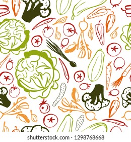 Hand drawn vegetables on white background.  Vector seamless pattern