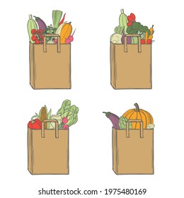 Hand drawn vegetables in  paper bag on white background. Vector sketch  illustration. 