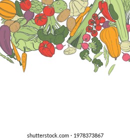 Hand drawn vegetables in  paper bag on white background. 
Vector seamless pattern.