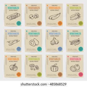 Hand drawn vegetables posters set. Vector illustration.