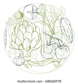 Hand drawn vegetables in round frame. Vector illustration