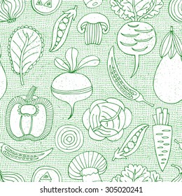 Hand drawn vegetables seamless background with carrot, pepper, onion, cucumber, cabbage, beetroot, peas, mushroom and radish. Vector illustration. 