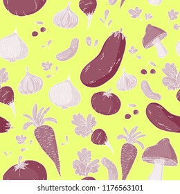 Hand drawn vegetables - seamless pattern. Doodle style, colorful illustrations. For banners, leaflets, posters, menus. full colored.