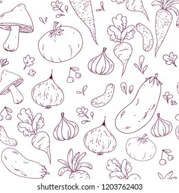Hand drawn vegetables - seamless pattern. Doodle style, colorful illustrations. For banners, leaflets, posters, menus.