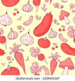 Hand drawn vegetables - seamless pattern. Doodle style, colorful illustrations. For banners, leaflets, posters, menus. full colored.