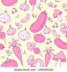 Hand drawn vegetables - seamless pattern. Doodle style, colorful illustrations. For banners, leaflets, posters, menus. full colored.