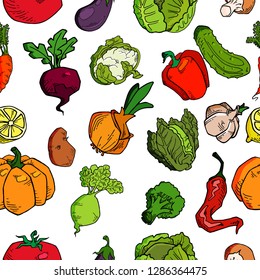 Hand drawn vegetables seamless pattern. Healthy food vector background