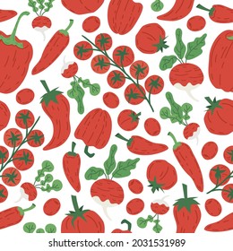 Hand drawn vegetables seamless pattern. Doodle organic farm veggies, tomato, radish and pepper vegetarian food cartoon vector pattern