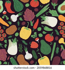 Hand drawn vegetables seamless pattern. Doodle veggies, pepper avocado carrot tomatoes vegetarian menu vector pattern. Cartoon vegetables seamless pattern