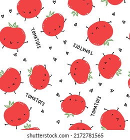Hand drawn vegetables seamless pattern with tomatoes, hearts, love doodle. Cute vector for paper, fabric, book, kitchen, child.