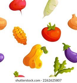 Hand drawn vegetables seamless pattern on white background.  Eat healthy. Vector illustration in cartoon style.