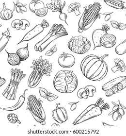 Hand drawn vegetables seamless pattern. Healthy food vector background.