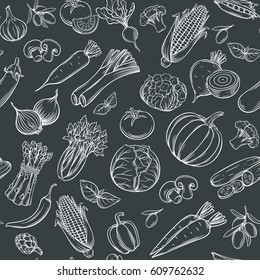 Hand drawn vegetables seamless pattern. Healthy food vector background. White on black.