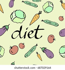 Hand drawn vegetables seamless pattern with inscription Diet. Healthy food vegan concept. Vector background, vector logo for Diet.
