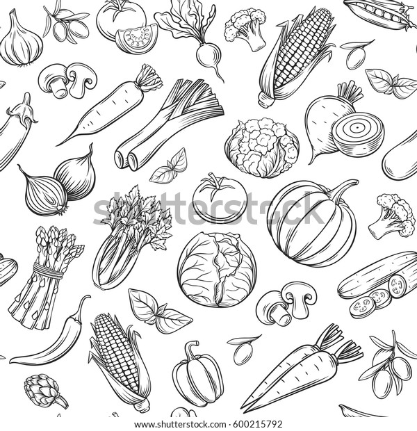 Hand Drawn Vegetables Seamless Pattern Healthy Stock Vector (Royalty ...