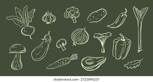 Verduras dibujadas a mano en estilo pizarra sobre fondo verde oscuro. Perfecto para el diseño de menús, la marca de restaurantes y el empaque. Ilustración vectorial.