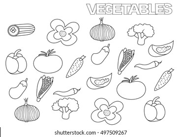Hand drawn vegetables set. Coloring book page template.  Outline doodle vector illustration. 
