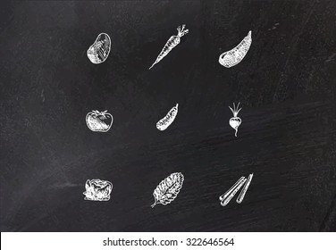 Hand drawn vegetables set on blackboard. Vector illustration.