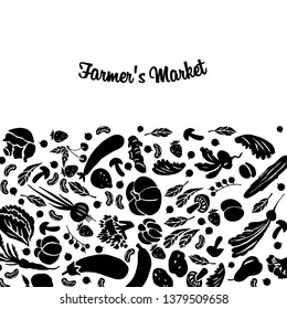 Hand drawn vegetables. Tasty and healthy food. Graphic silhouettes of vegetables and fruits. Place for your text. Template.