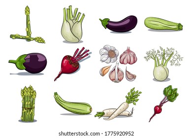 Hand drawn vegetables vector cartoon set isolated on a white background.