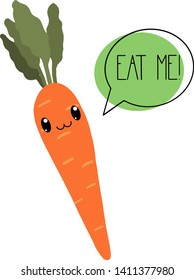 Hand drawn vegetables vector illustration. Eat me lettering. Perfect for a greeting card. Cute kawaii orange carrot. Healthy poster. Handwritten phrase