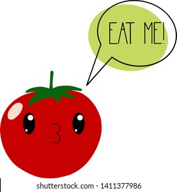 Hand drawn vegetables vector illustration. Eat me lettering. Perfect for a greeting card. Cute kawaii red tomato. Healthy poster. Handwritten phrase