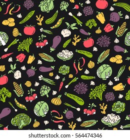 Hand drawn vegetables vector seamless pattern in flat style. Unique organic food pattern, can be used for wrapping paper, bioproducts wallpaper, organic background