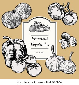 Hand Drawn Vegetables in a Woodcut Style (all vegetables are isolated and can be separated and rearranged as necessary)