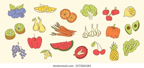 Hand drawn vegetarian food doodles illustration set. Sketch style party cafe and restaurant icons. Set vector illustration doodles of fruits and vegetables for invitations, menus and parties. 