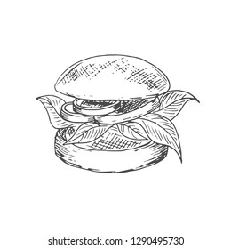 Handgezeichnete Veggie Burger. Illustration für Fastfood-Café-Menü, Banner, Poster. Vektorillustration. eps10