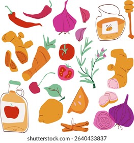 Hand drawn Veggie Vegetable Collection Set Flat Vector. Spices and organic vegetables 