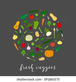 Hand drawn veggies in circle shape. Butternut squash, brussels sprouts, fennel, collard, artichoke, cauliflower, beet, tomato, cucumber, pumpkin, broccoli, pepper, maca, potato, spinach, carrot.