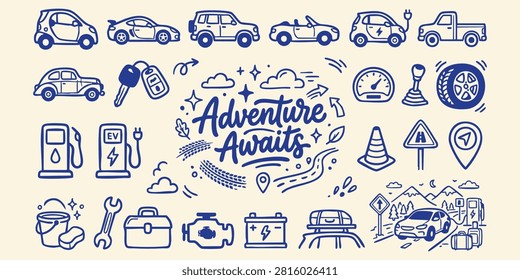 Hand drawn vehicle assortment road trip symbols and navigation markers for travel concepts. Ideal for website graphics or print materials.