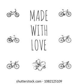 Hand drawn velocipede sketches set. Collection of training vehicle, cyclocross drive, triathlon bike and other sketch elements.