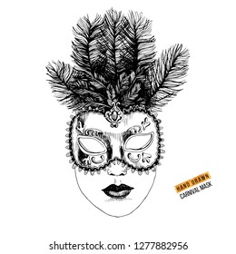 Hand drawn Venetian carnival face mask with feathers. Vector illustration