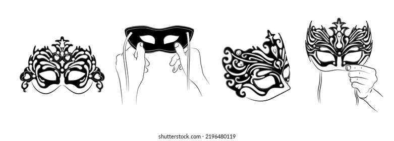 Hand drawn Venetian carnival masks collection in line art style. Vintage party masks in black and white. Masquerade mask for festive invitations, banners, greeting cards, coloring books. Sketch