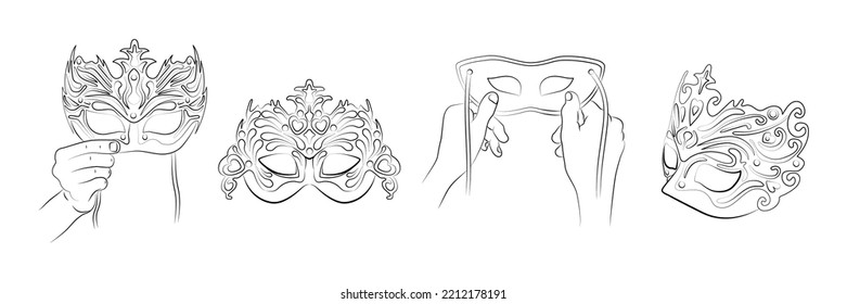 Hand drawn Venetian carnival masks collection in line art style. Vintage party masks in black and white. Masquerade mask for festive invitations, banners, greeting cards, coloring books. Sketch