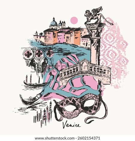 Hand drawn Venice architecture collage with gondolas, bridge, buildings, mask map, ornament. Romantic travel background for cards and posters