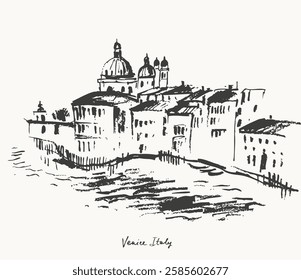 Hand drawn Venice architecture panorama urban sketch with canal and basilica. Black ink landscape line drawing of Italy ancient city. Romantic travel background for cards and posters